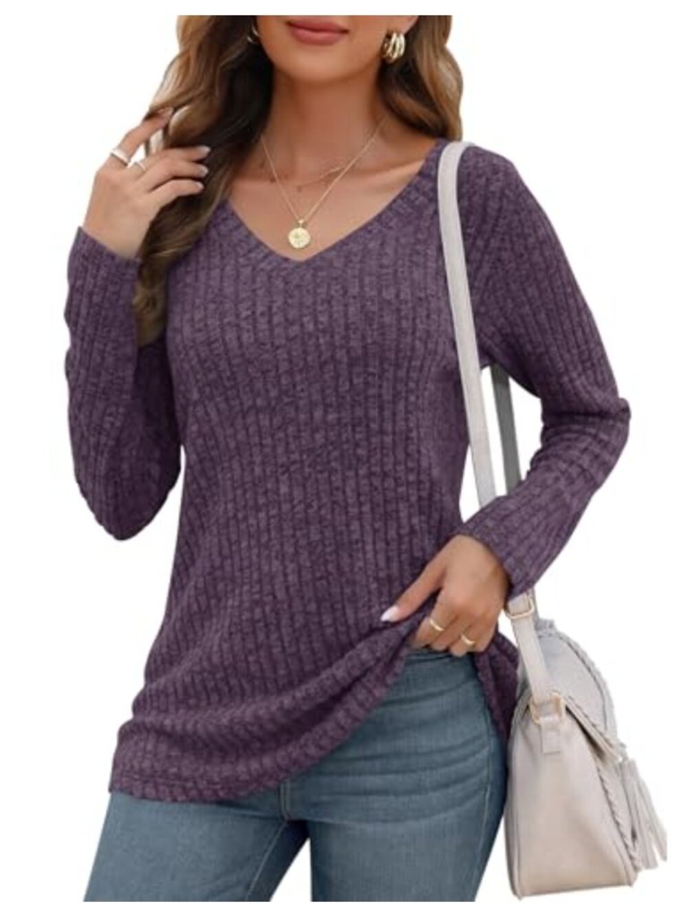 WNEEDU Women's Long Sleeve V-Neck Lightweight Sweater Casual Tunic Top